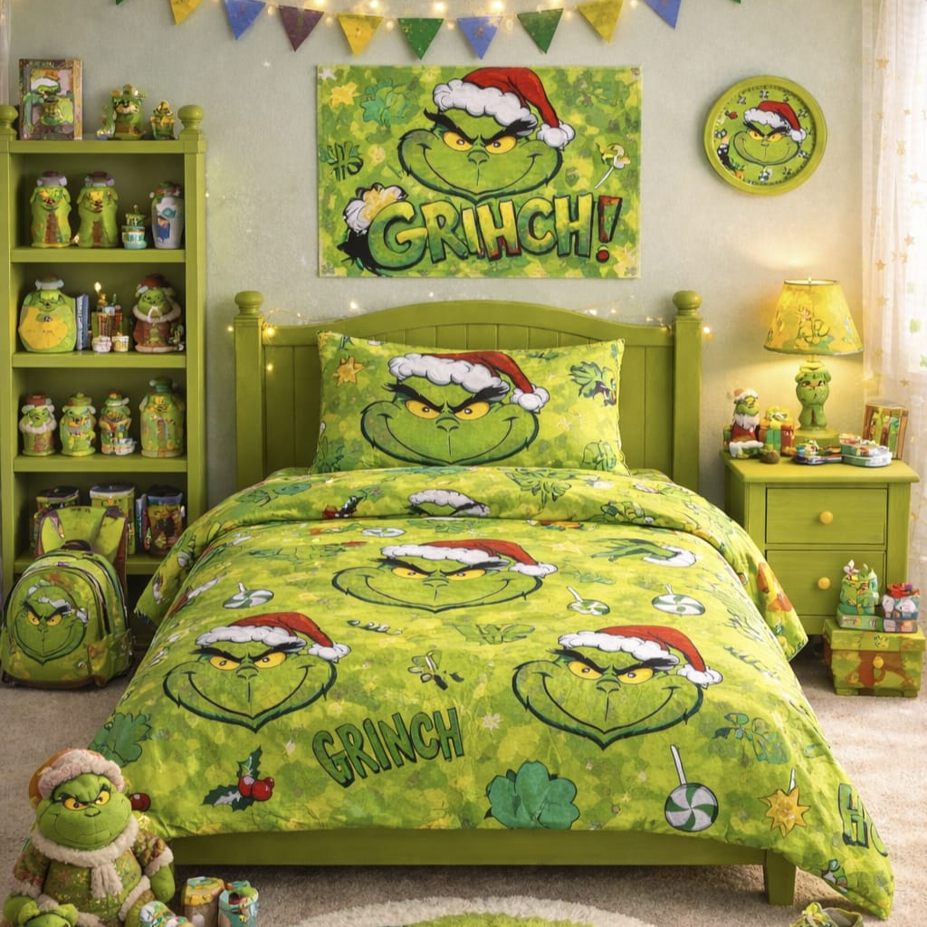 Vibrant green kids single bed sheet with a large poster-style character panel