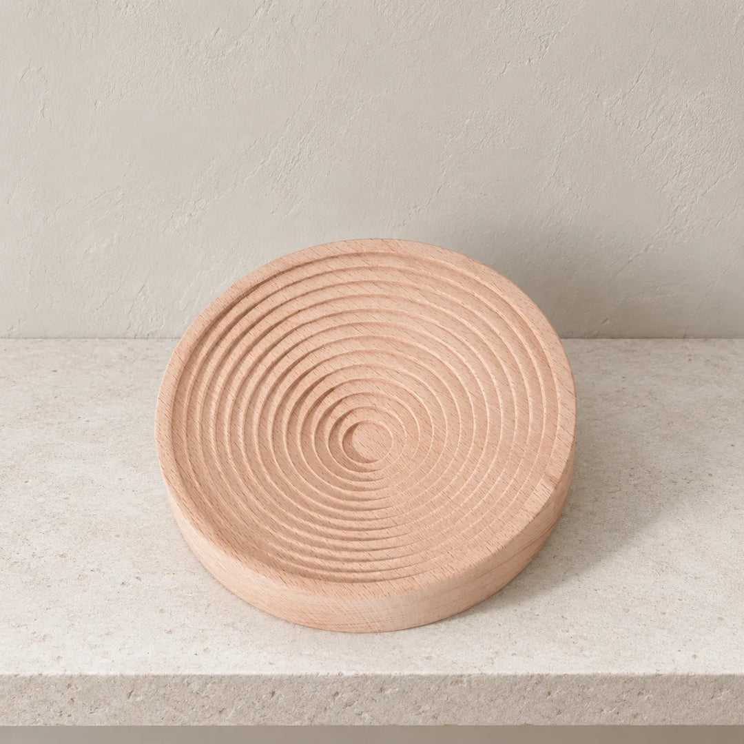 Single Groove In wooden decorative tray, style E, on a neutral shelf