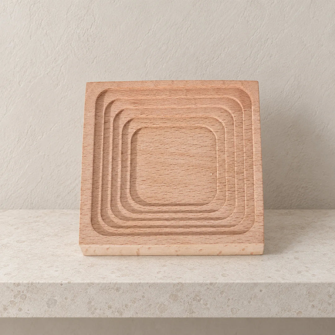 Single Groove In wooden decorative tray, style F, on a neutral shelf