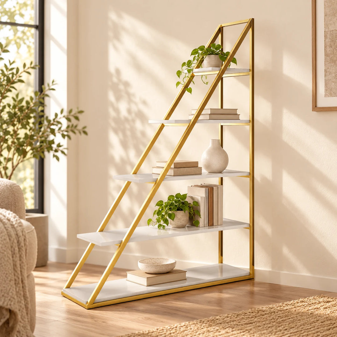 Gold triangular half pyramid bookcase with five white shelves, books and plants against a living room wall