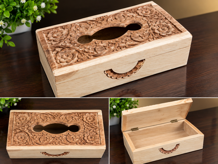 Hand carved wooden tissue box with floral pattern, closed and open views