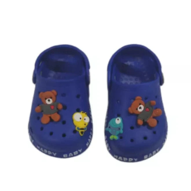 Navy blue baby clog slippers with teddy bear charms on white background, top view