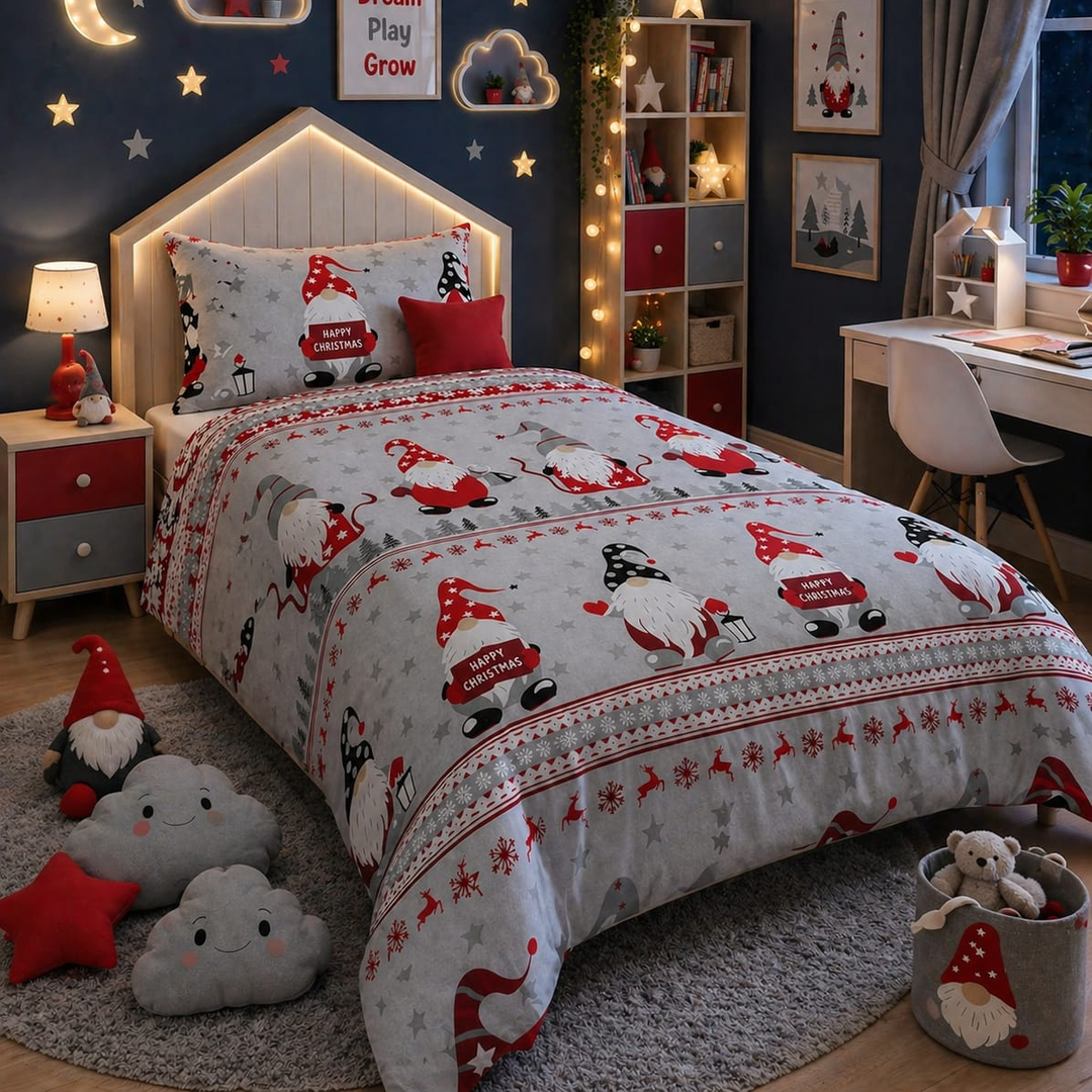 Grey and red kids single bed sheet with Christmas gnome and reindeer print
