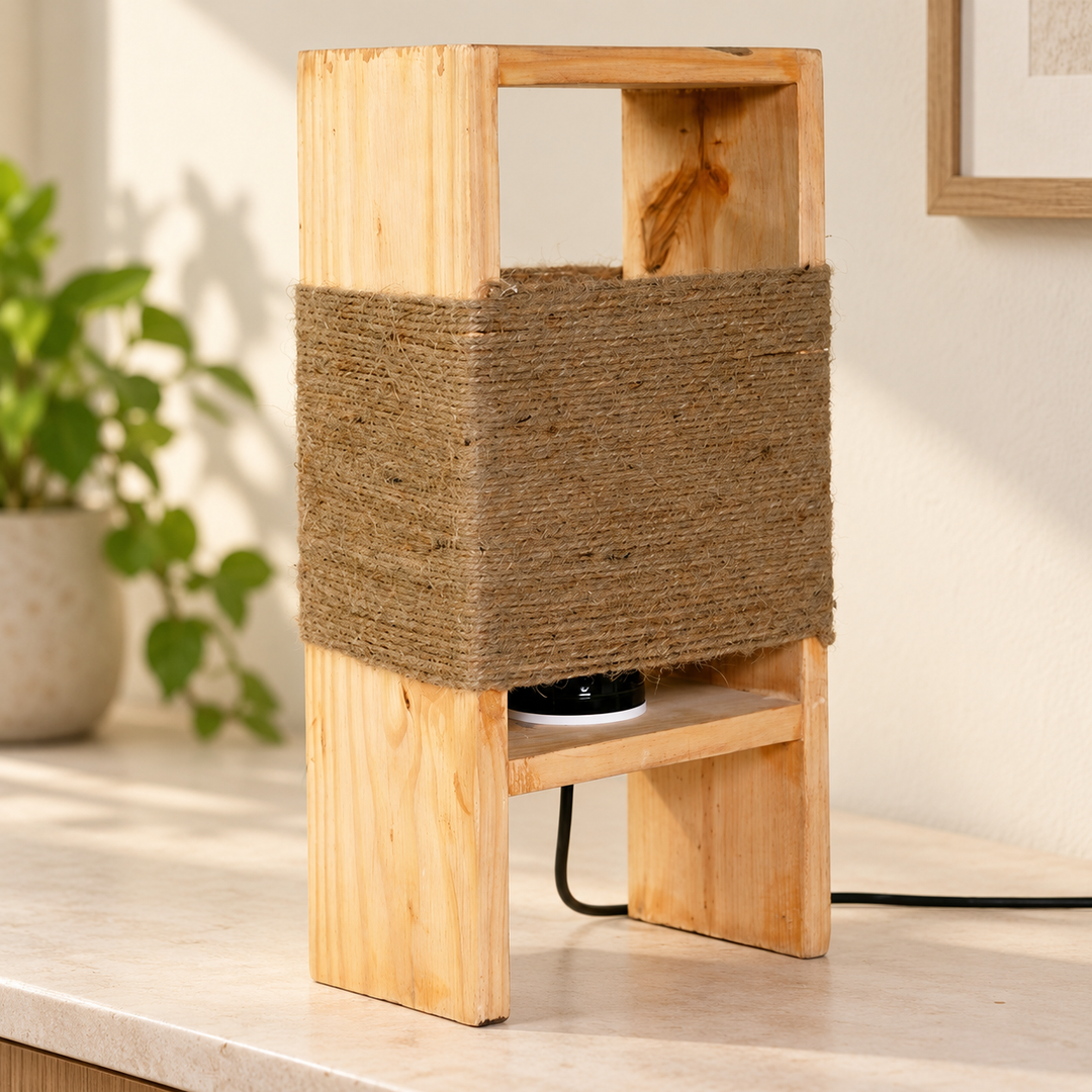 Harbor pine wood table lamp with jute rope shade on a light console in natural daylight