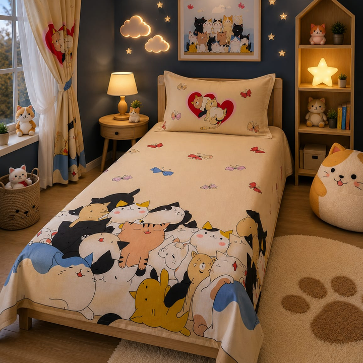 Cream kids single bed sheet with striped cats, hearts and butterfly print