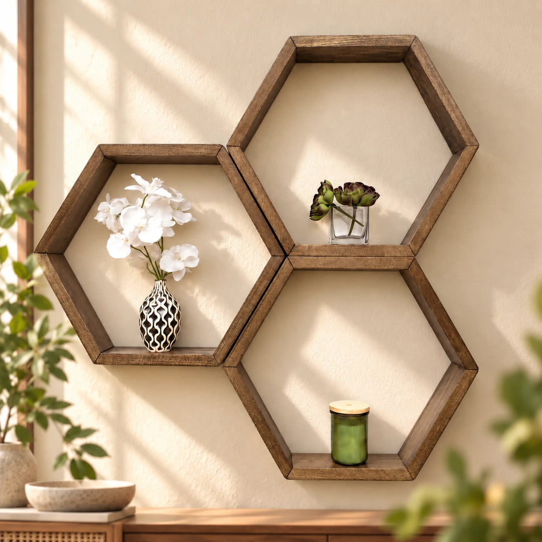 Three natural brown hexagonal wooden shelves styled on a warmly lit living room wall