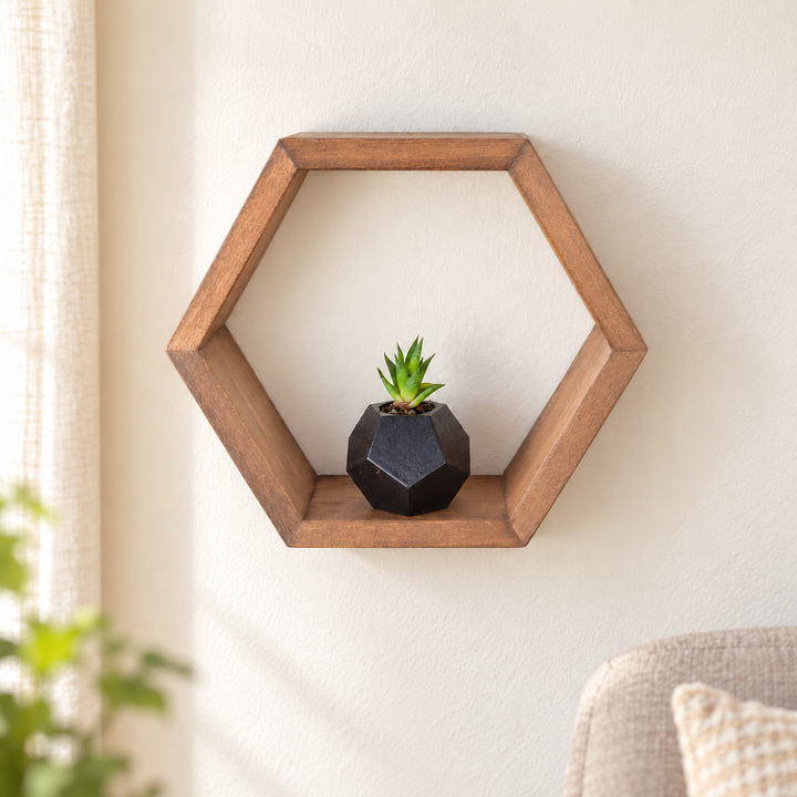 Single natural brown hexagonal wooden wall shelf with a small succulent in soft daylight