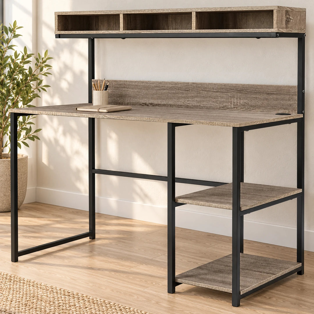 Gray-brown desk with three upper cubbies and two right shelves in a sunlit home office