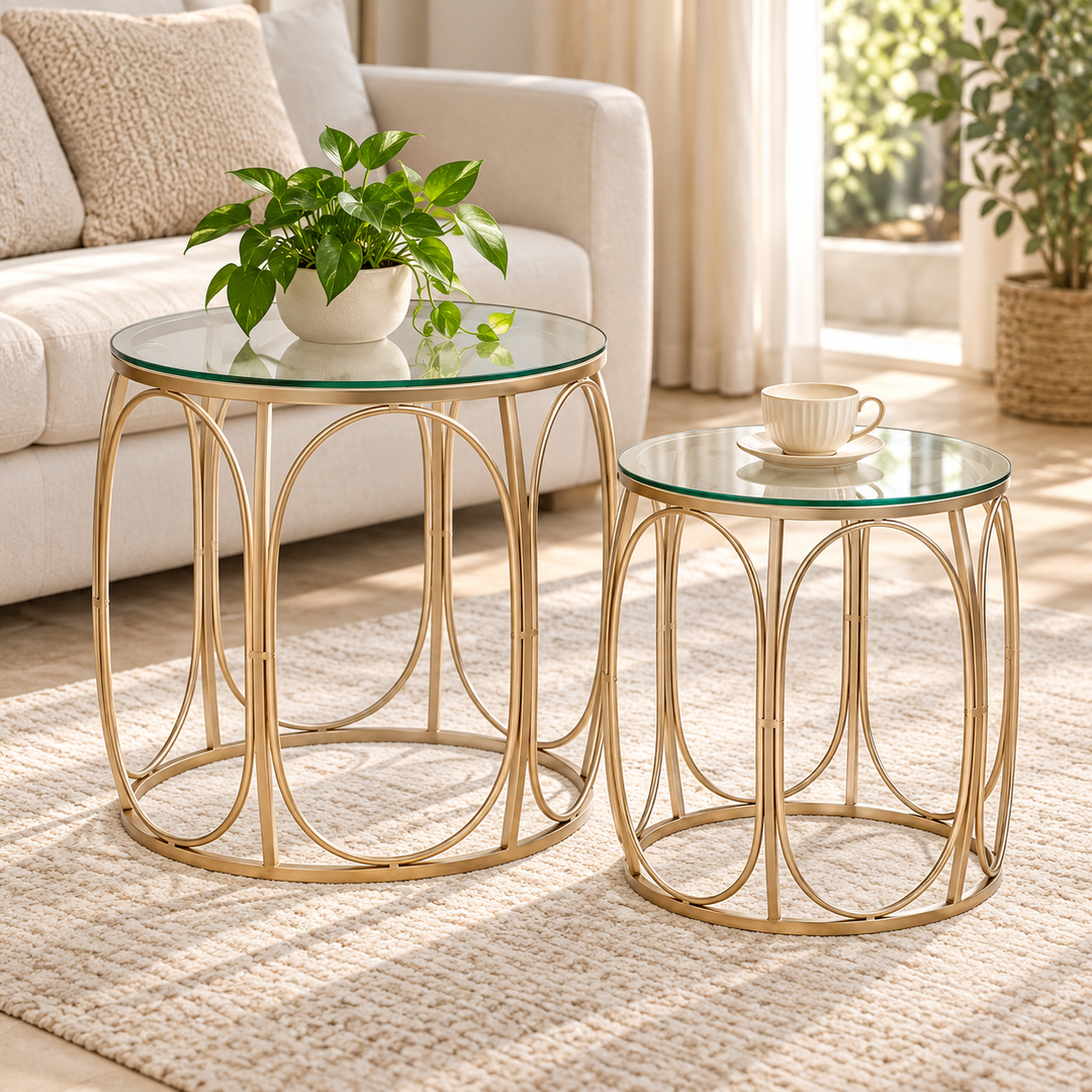 Hokaage pair of champagne gold oval-frame glass side tables in a sunlit living room