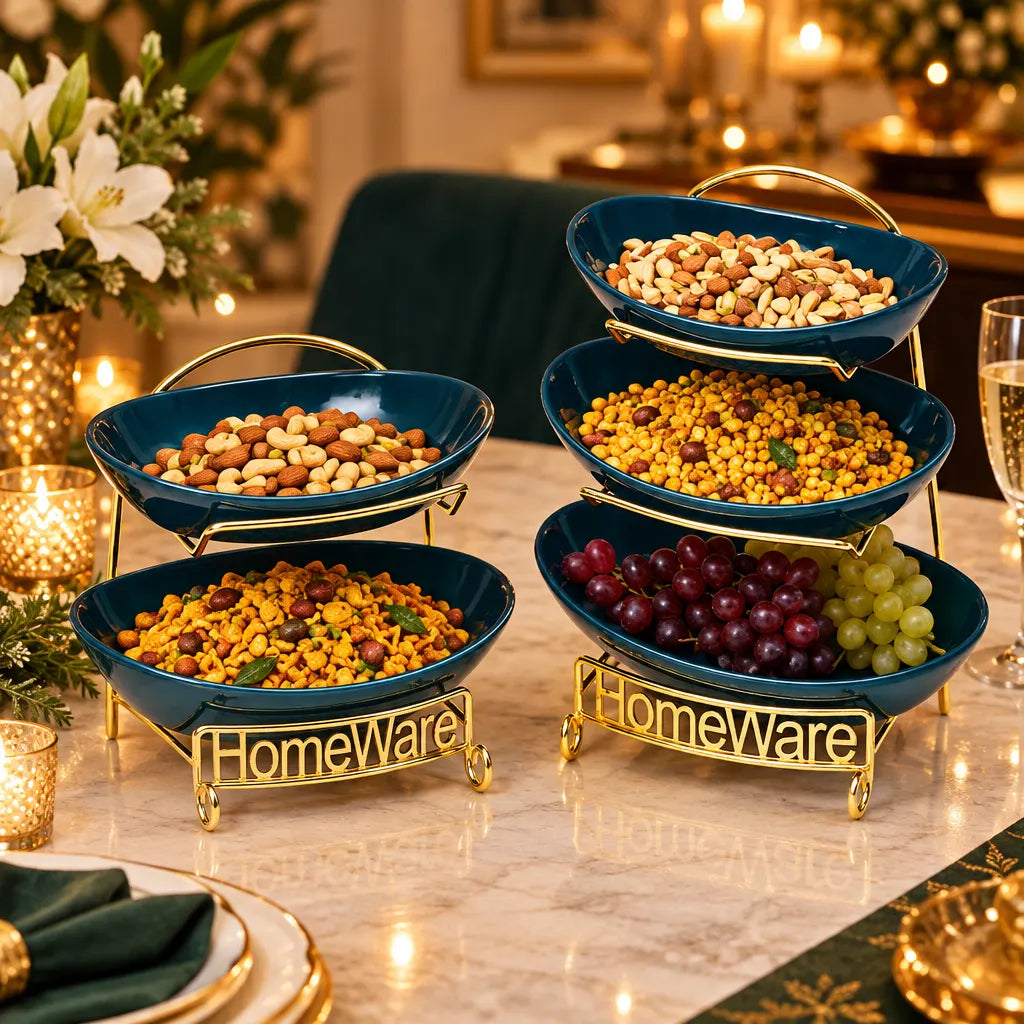 Two-tier and three-tier teal snack stands with gold frames holding food