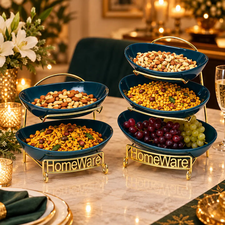 Two-tier and three-tier teal snack stands with gold frames holding food