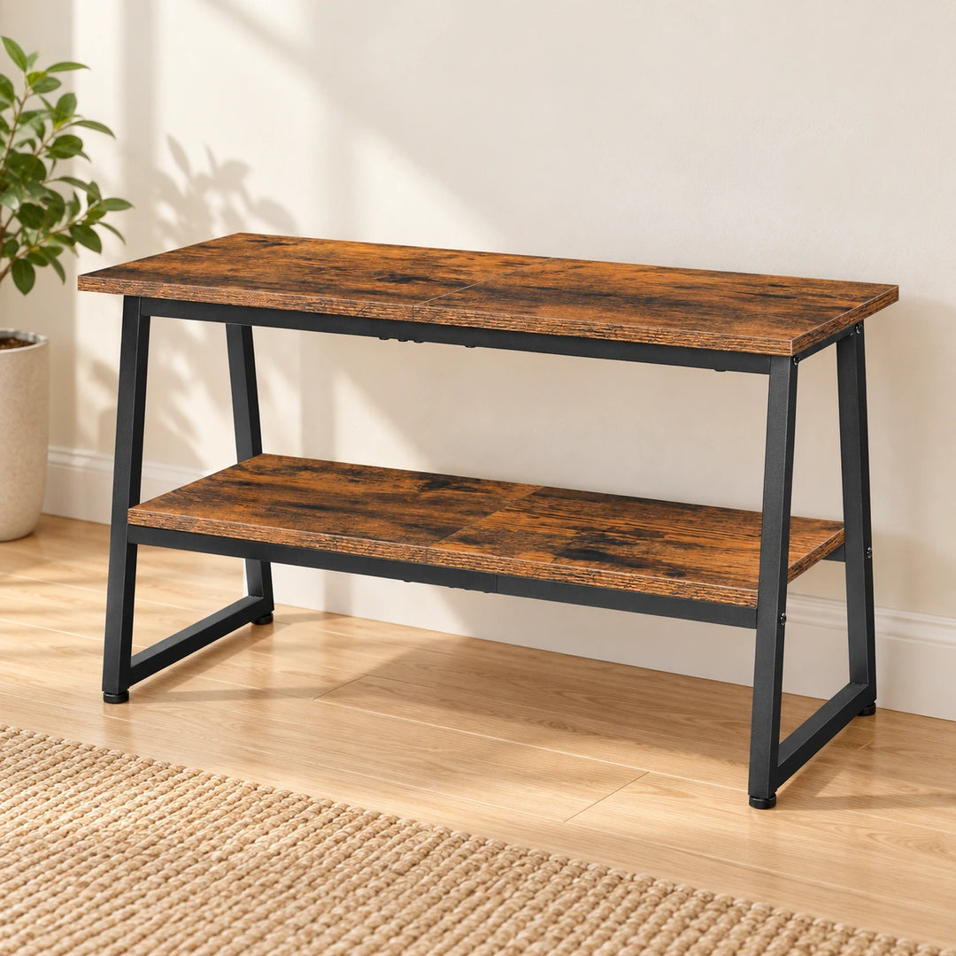 Hoobro entryway bench with two rustic wood panels and black loop frames in a sunlit home
