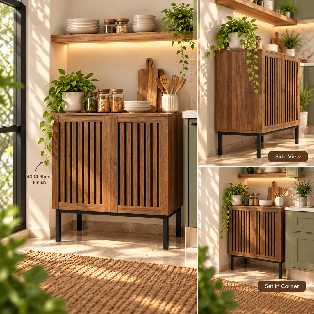 Collage of walnut slatted door storage cabinet in kitchen with side view and corner placement
