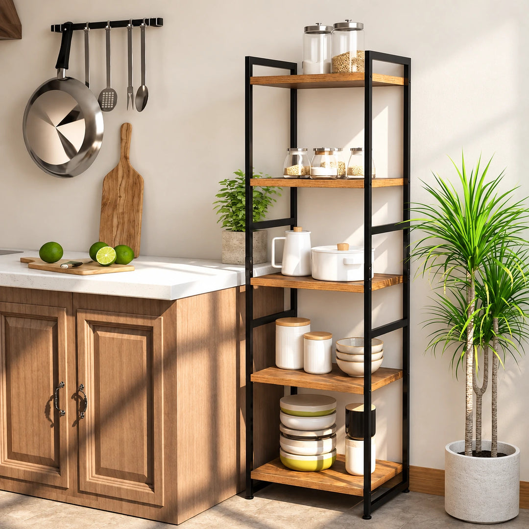 Large five-tier industrial kitchen rack with natural wood shelves and black metal frame, styled with jars and ceramics