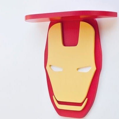 Iron Man mask floating wall shelf in red and gold, angled view on white wall