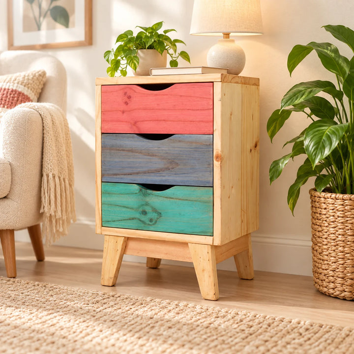 Pine three-drawer side table with coral blue-grey and teal fronts in a styled reading corner with a natural plant