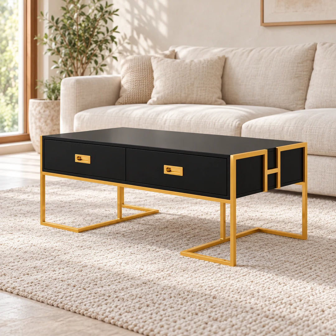 Jocise black coffee table with two drawers and ochre gold frame in a daylight living room