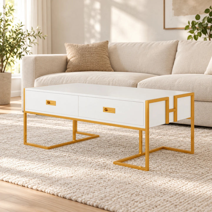 Jocise white coffee table with two drawers and ochre gold frame in a daylight living room