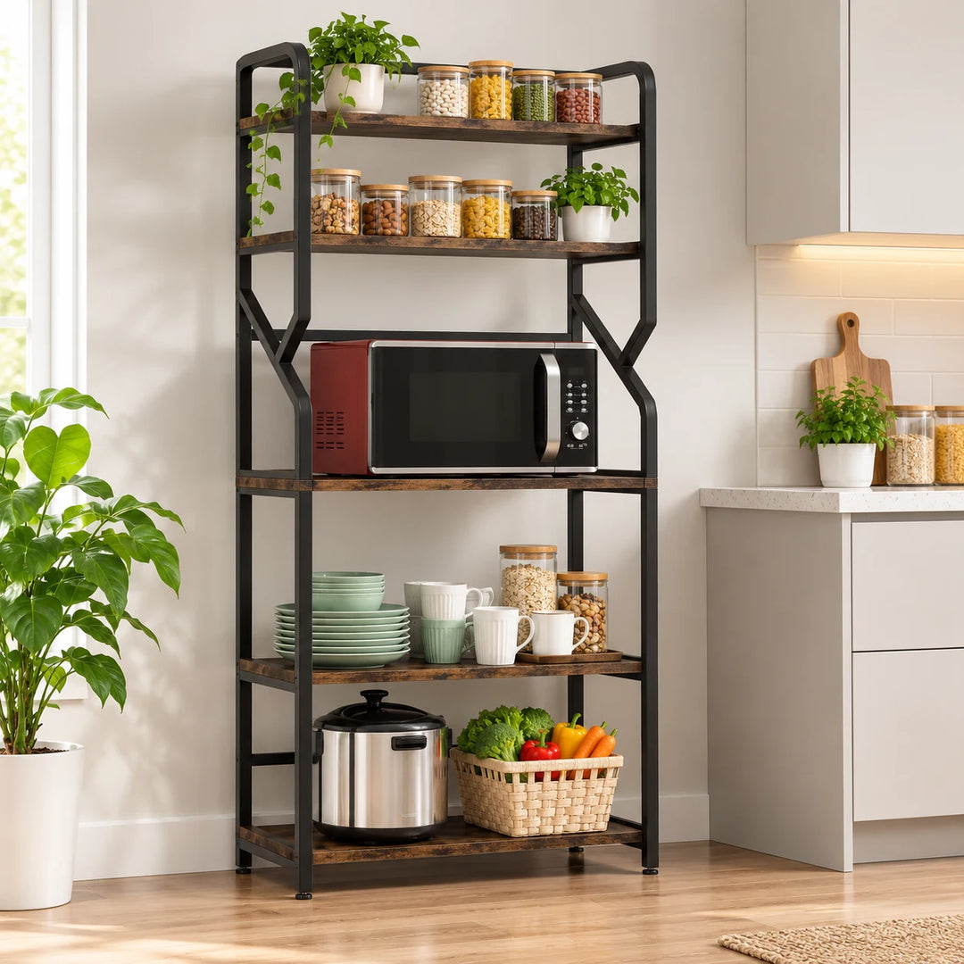 Jur five-shelf brown wood and black metal kitchen rack with microwave, jars and cookware against a wall