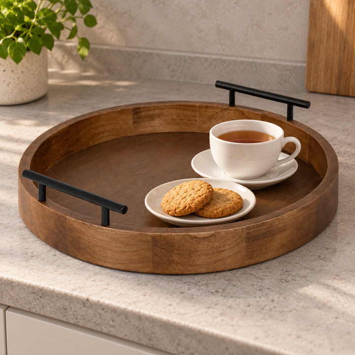 Round wooden serving tray with two black bar handles, styled with tea and biscuits on a kitchen counter