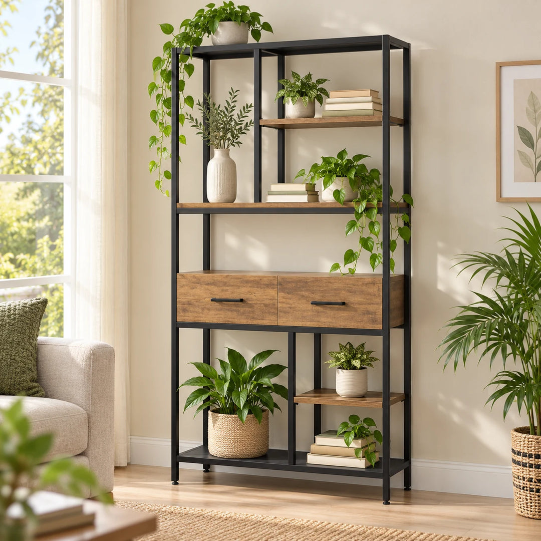 Kaylani 4004 brown wood and black frame asymmetric bookcase with two drawers, books and plants against a wall