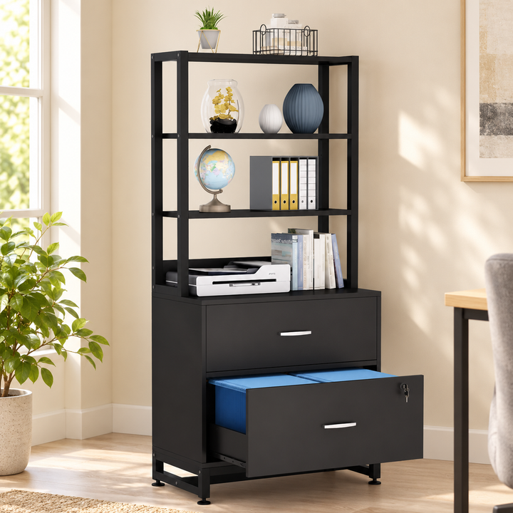 Kazoraa black bookcase filing rack with two drawers in a sunlit home office