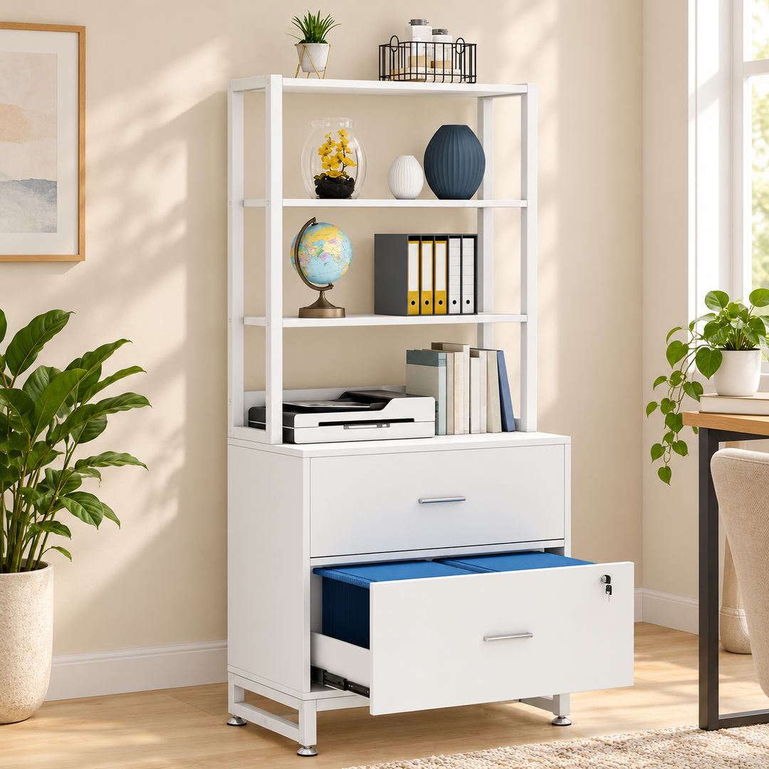 Kazoraa white bookcase filing rack with two drawers in a sunlit home office
