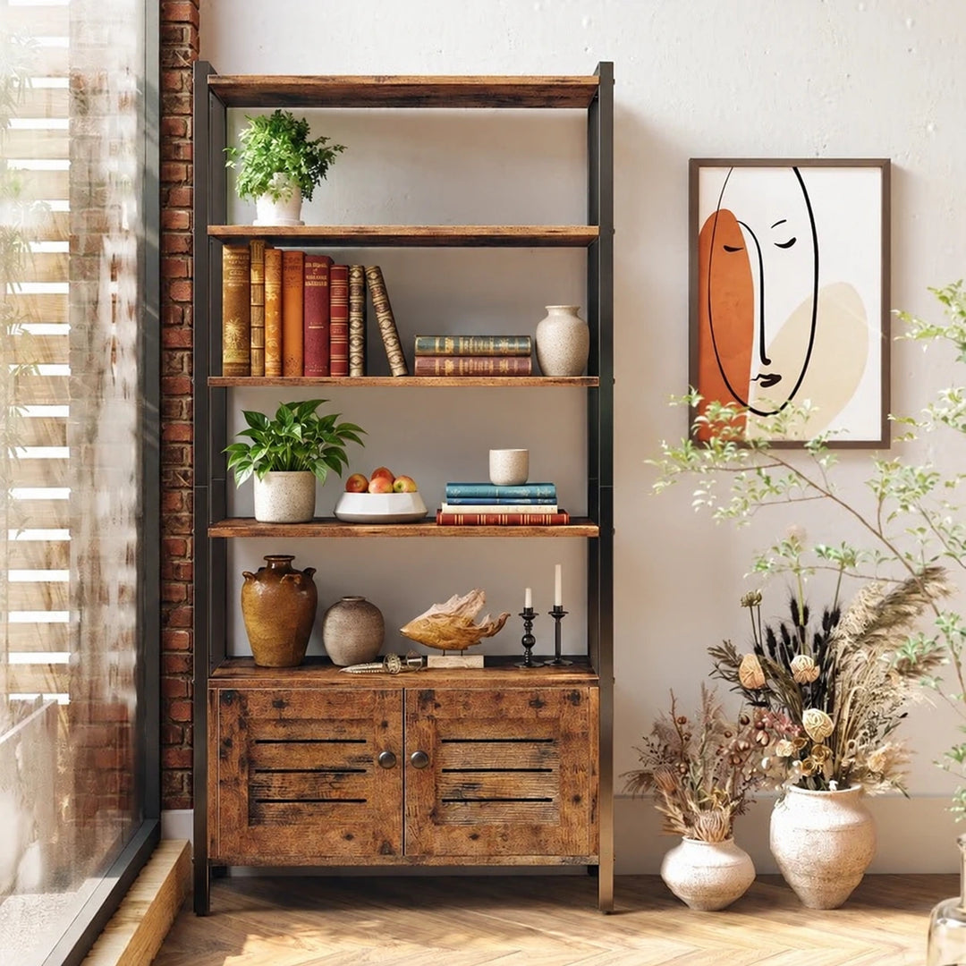 Rustic brown Keegen storage rack with black frame, four open compartments and two-door cabinet in natural daylight