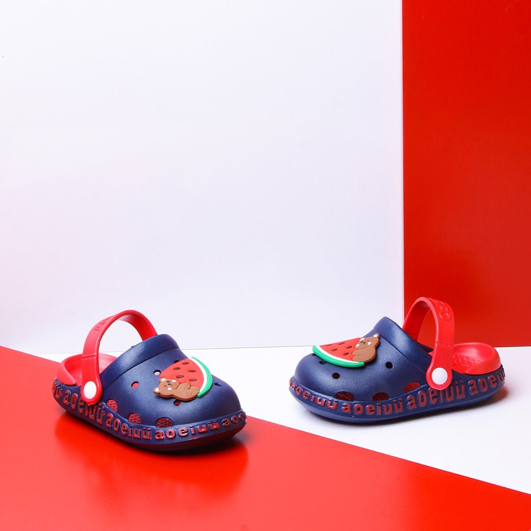 Blue open-toe kids sandals with watermelon decorations and red heel straps