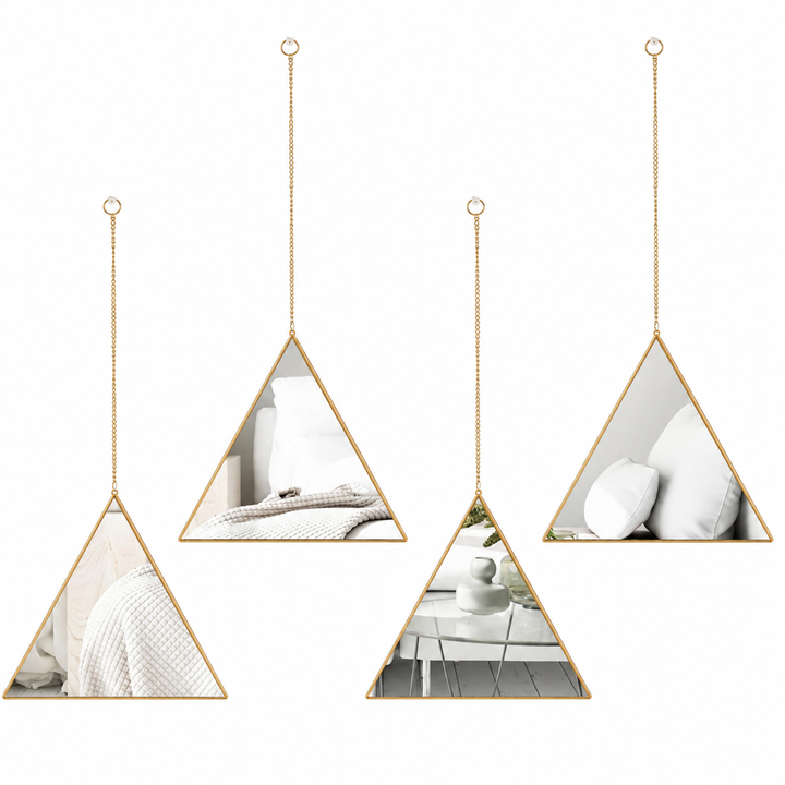 Four KIEE triangular hanging mirrors arranged at different heights