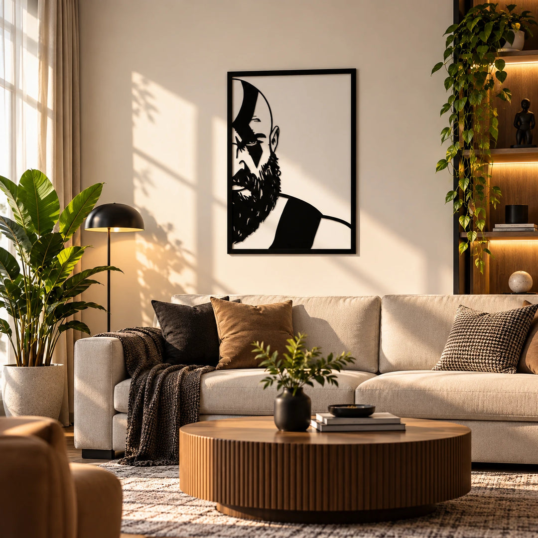 Black Kratos silhouette wall art above a cream sofa in a sunlit living room