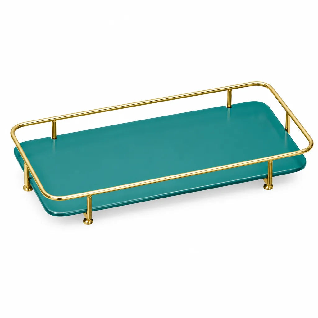 Large teal rectangular serving tray with a gold rail on white