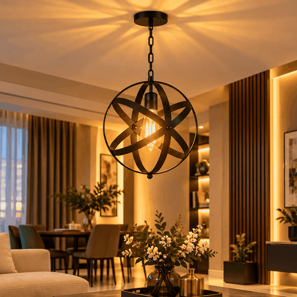 Black spherical pendant light with intersecting rings above a dining area