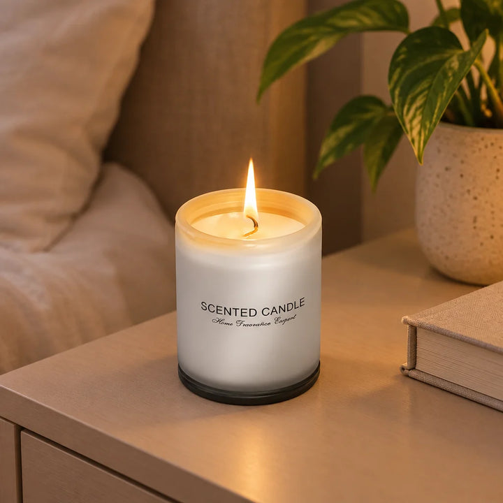 Lit scented candle in grey ombre glass jar on bedside table beside a book