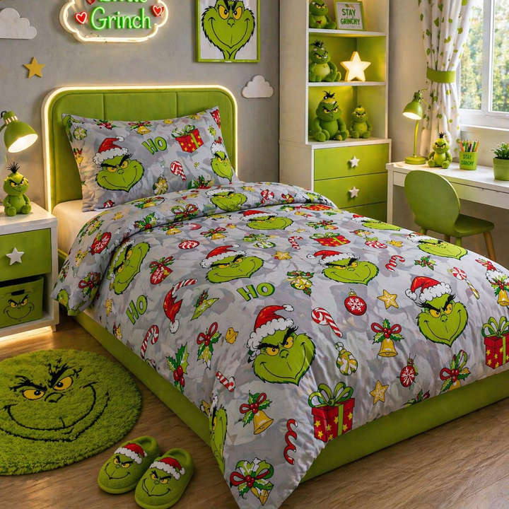 Grey camouflage-style kids single bed sheet with Santa hat, candy and gift print