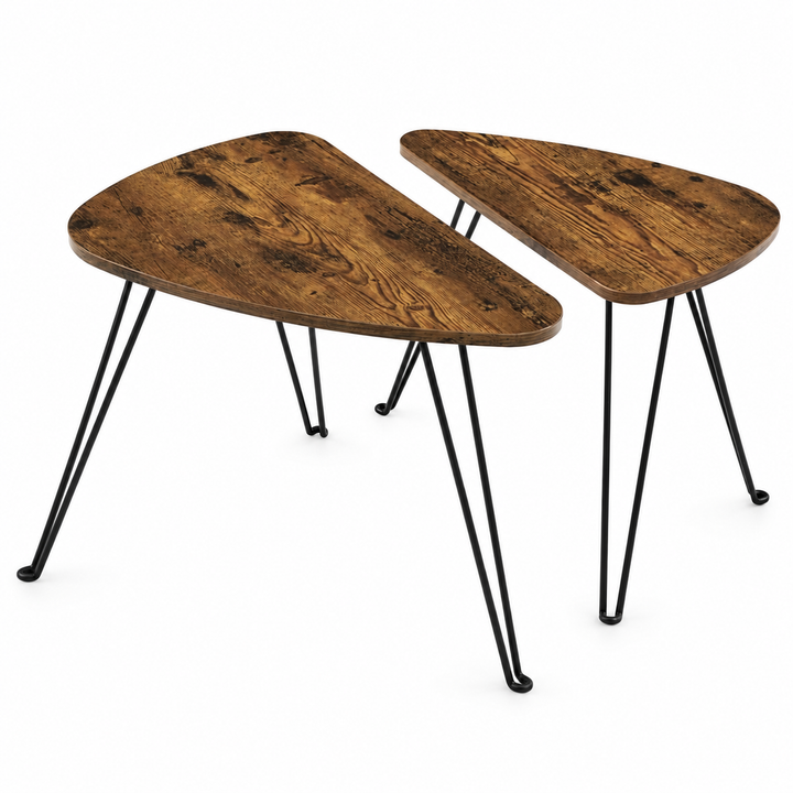 Set of 2 rustic wood triangular nesting tables with black hairpin legs on white
