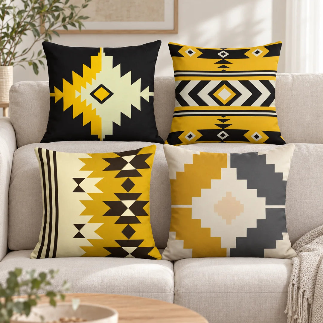 Four Lumessa cushion covers with their original mustard, cream, black and grey geometric prints on a sofa