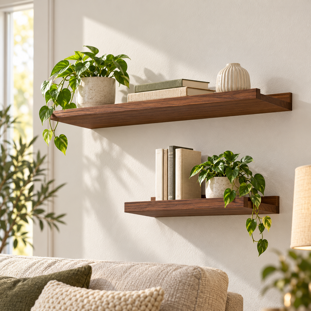 Two dark-brown Lunora wall shelves with books and plants in a living room