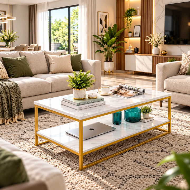 Luxurious two-tier coffee table with white marble-look surfaces and gold frame in a living room