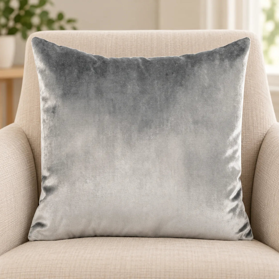 Silver-grey Luxury Velvet cushion cover on a neutral armchair