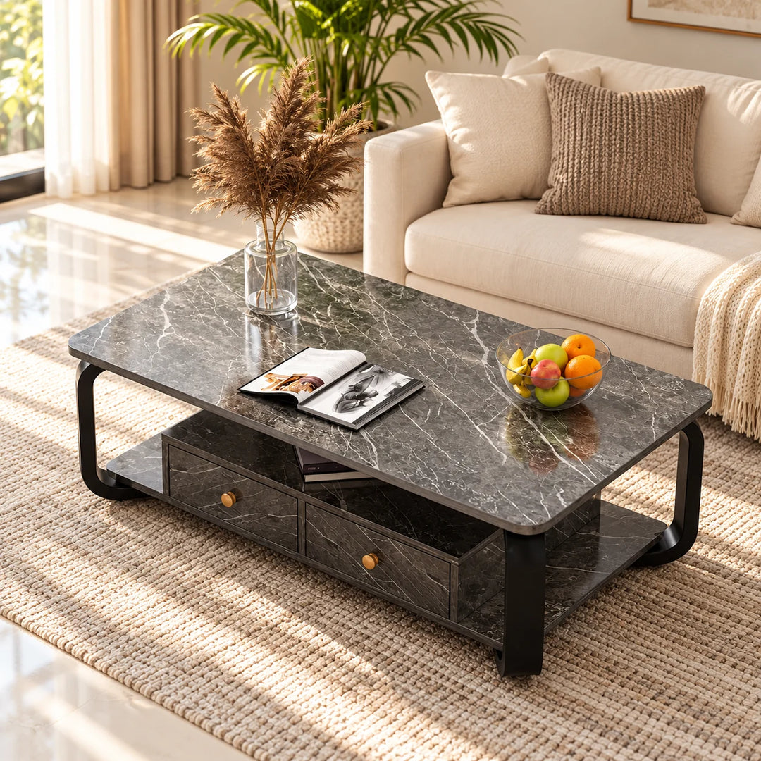 Luxury Floor black drawers coffee table in a sunlit living room