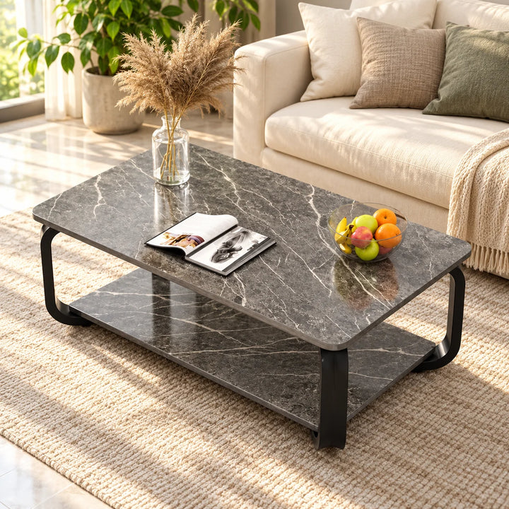 Luxury Floor black open coffee table in a sunlit living room