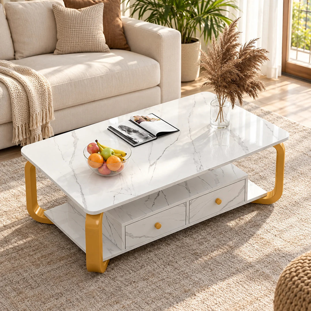 Luxury Floor white drawers coffee table in a sunlit living room