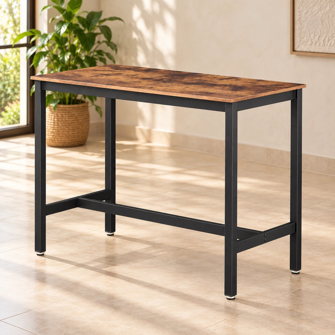 Single rustic brown Macaroon dessert table with black metal frame in a bright home
