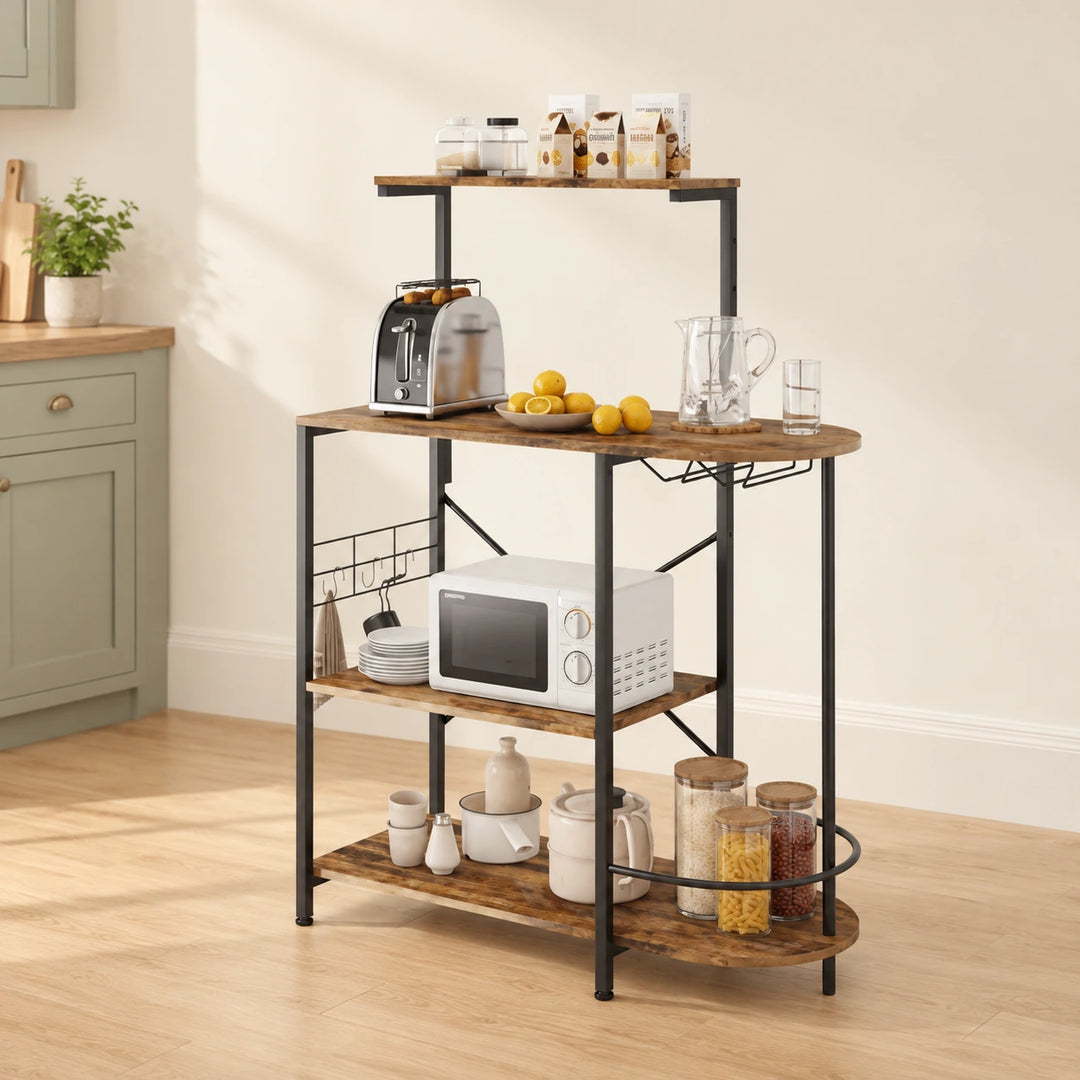 Manzanares Single Way kitchen organizer rack in MDF 4004 rustic brown with microwave and pantry jars in warm kitchen
