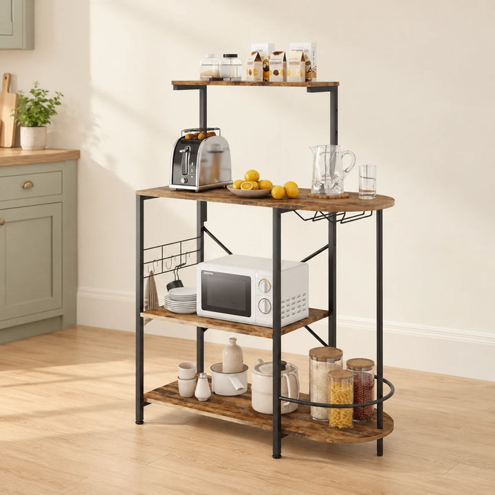 Manzanares Single Way kitchen organizer rack in MDF 4004 rustic brown with microwave and pantry jars in warm kitchen