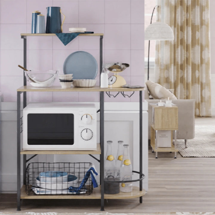 Manzanares Single Way kitchen organizer rack in light oak Anda Dayar with microwave, wire basket and lemon-water bottles