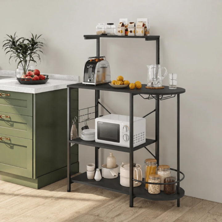 Manzanares Single Way black MDF kitchen organizer rack with microwave and pantry jars beside sage cabinet