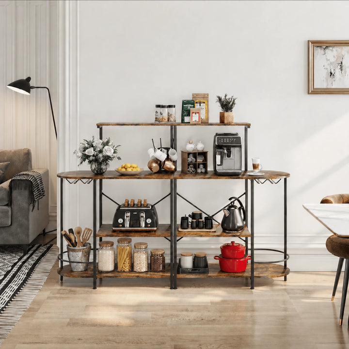 Manzanares Two Way kitchen organizer rack in MDF 4004 rustic brown with pantry jars and coffee appliances