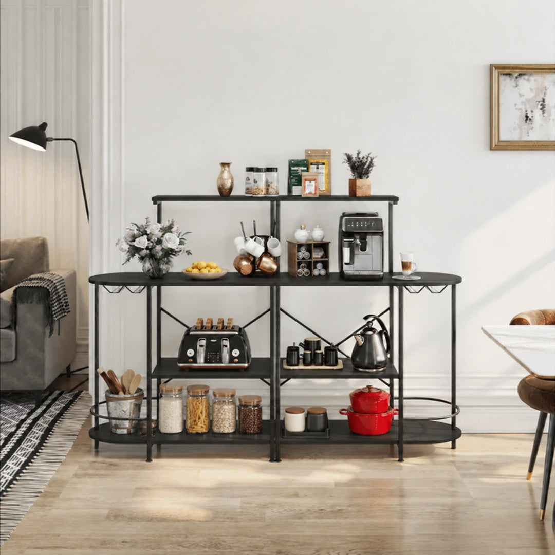 Manzanares Two Way kitchen organizer rack in black MDF with pantry jars and coffee appliances
